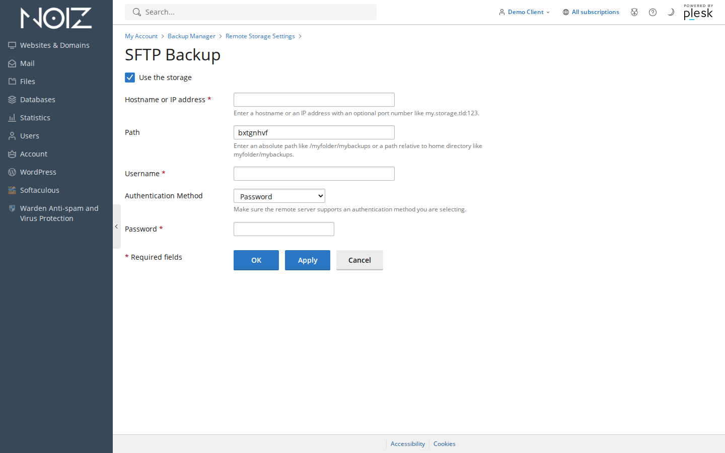 Plesk Backup Manager Remote Storage Settings page with SFTP selected, showing the SFTP server hostname, directory, username and password fields