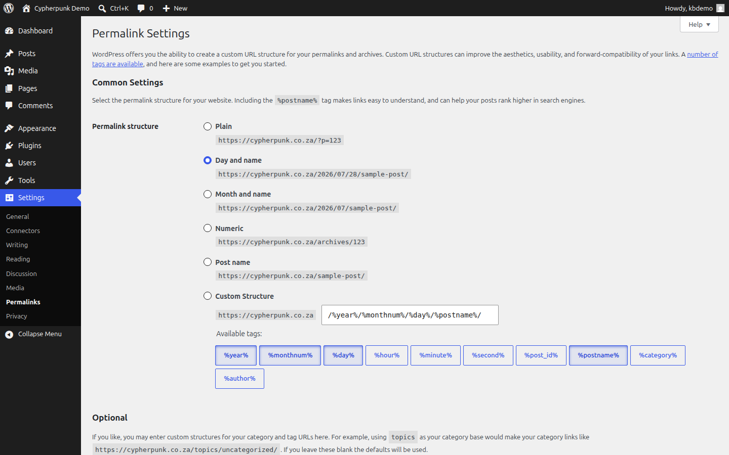 The WordPress Settings then Permalinks screen with the Post name structure selected and the Save Changes button highlighted