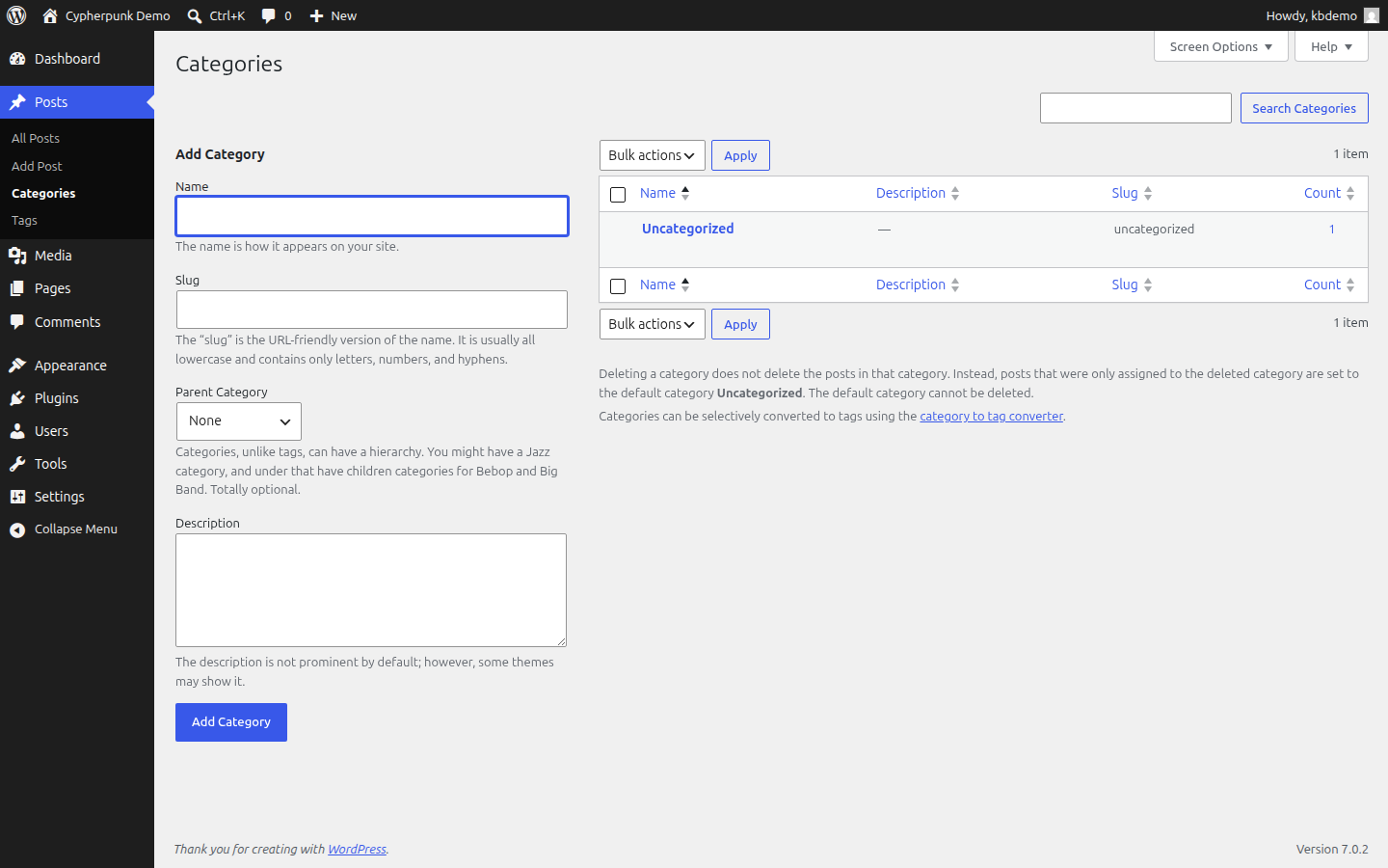 Add New Category panel on the WordPress Categories screen with the Name, Slug, Parent Category drop-down and Description fields filled with example values
