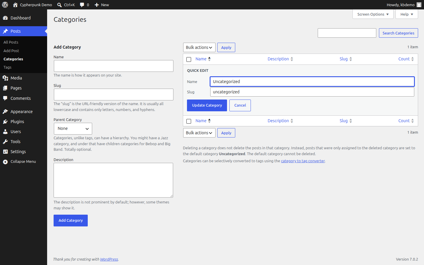 Quick Edit row expanded on the WordPress Categories screen showing the editable Name and Slug fields with Update Category and Cancel buttons