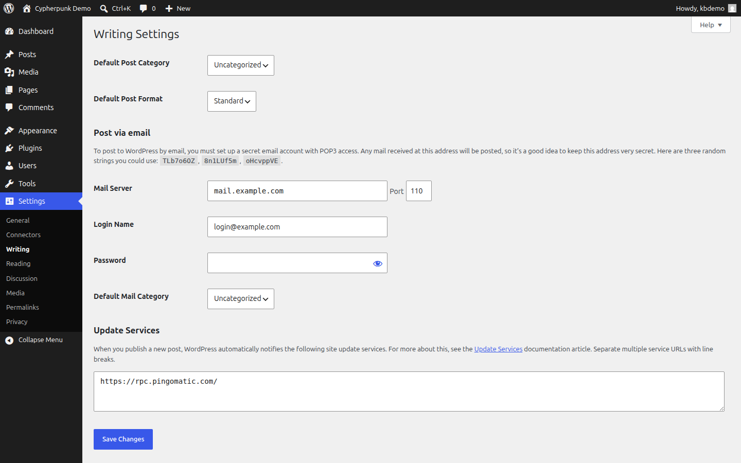 WordPress Settings Writing screen with the Default Post Category drop-down open, showing the list of available categories