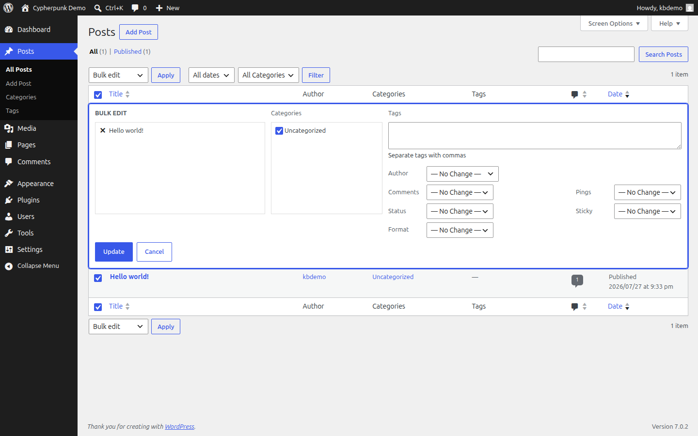 Bulk Edit panel on the WordPress Posts screen with several posts selected and the Categories checkboxes shown, ready to add a category