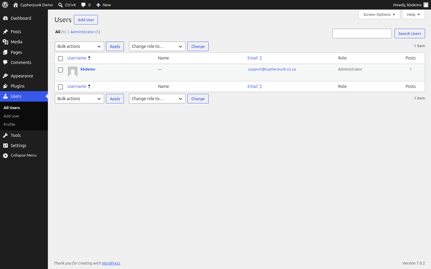 WordPress admin Users All Users screen listing registered accounts with Username, Name, Email and Role columns