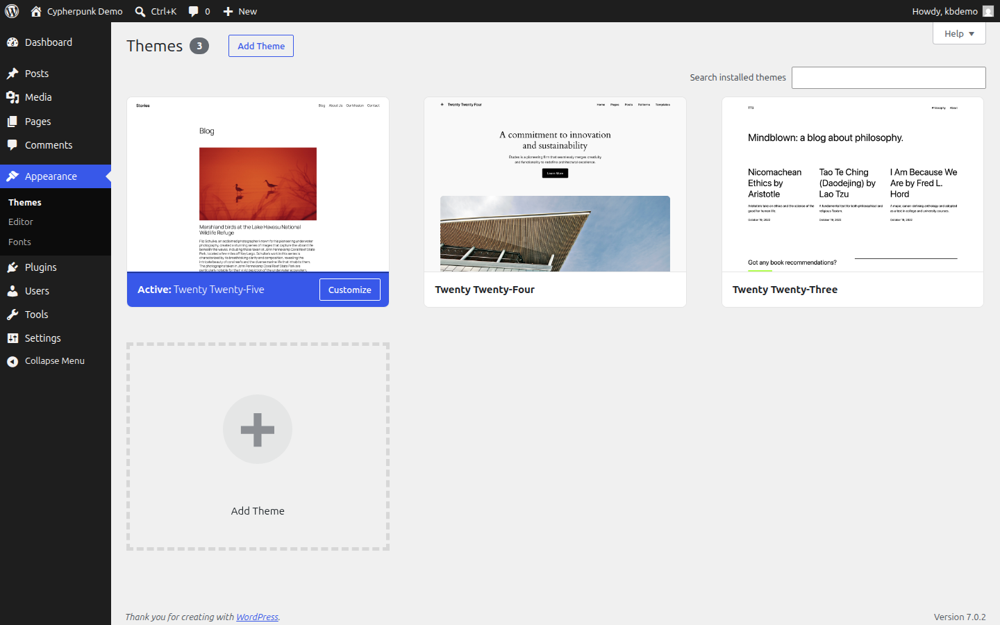 The WordPress Appearance submenu with the Editor item highlighted, indicating an active block theme