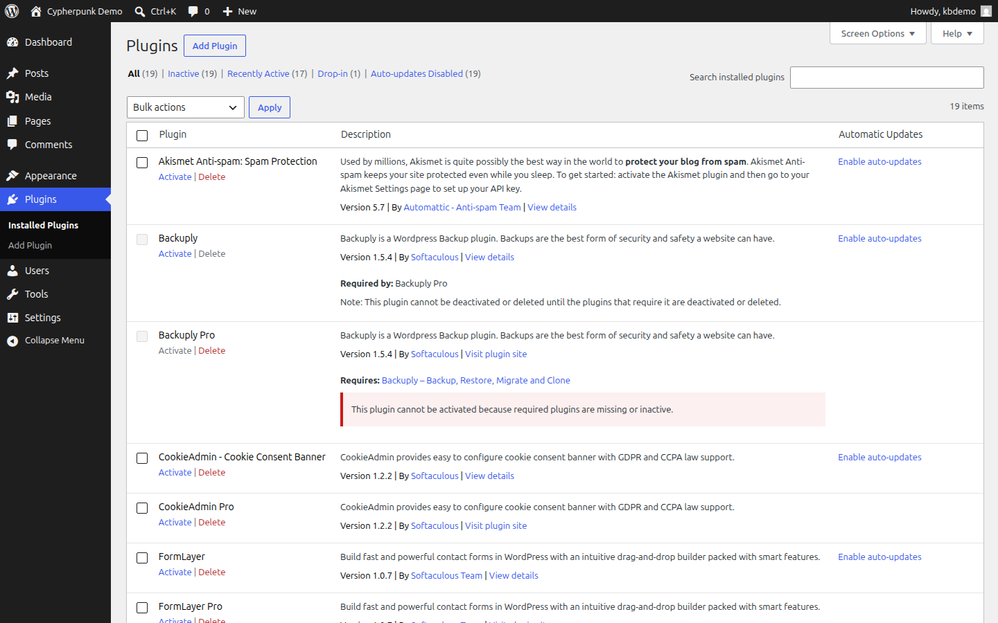 The WordPress Installed Plugins screen showing the Deactivate and Delete links beneath a plugin and the Automatic Updates column on the right