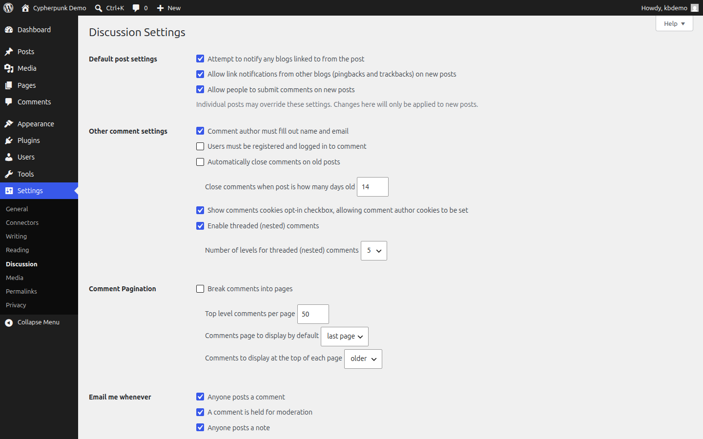 The WordPress Settings then Discussion screen with the