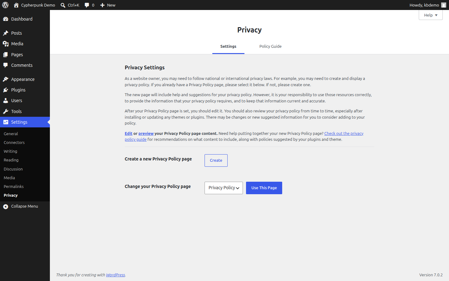 The WordPress Settings then Privacy screen showing the option to select or create a privacy policy page