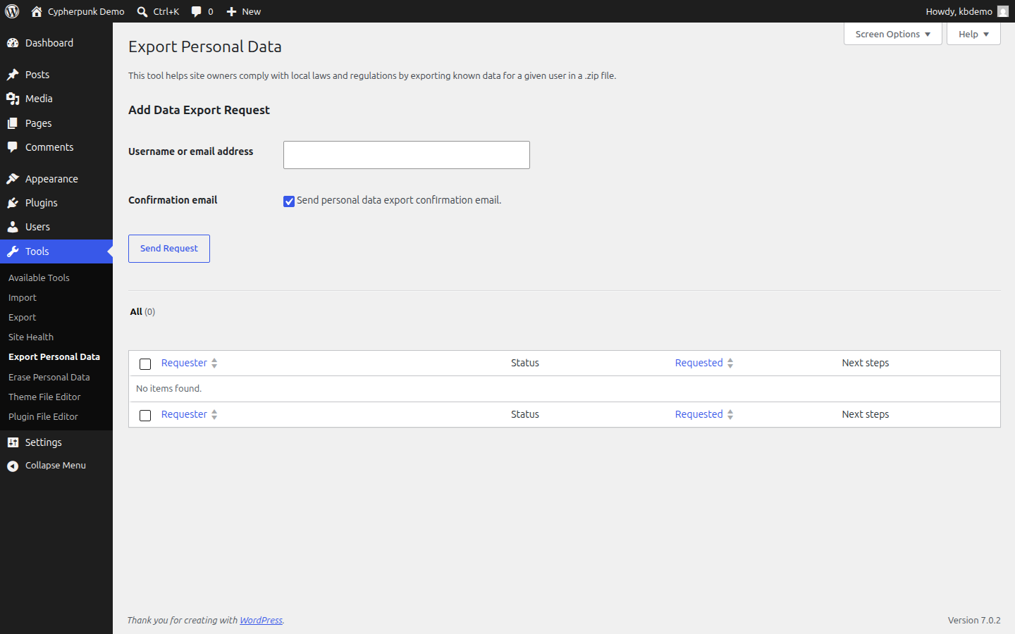 The WordPress Tools menu showing the Export Personal Data and Erase Personal Data options