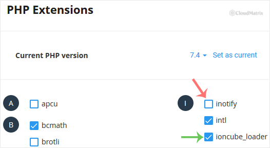 Ticking an extension’s check box in the CloudLinux PHP Selector Extensions list to enable it
