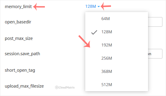 The memory_limit drop-down open on the Options tab, showing the selectable memory values