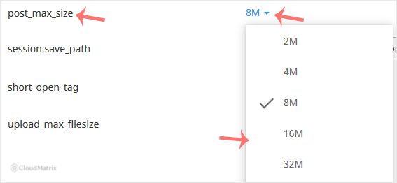 The post_max_size drop-down open on the Options tab of the CloudLinux PHP Selector, showing the selectable sizes