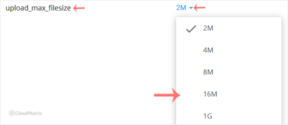 The upload_max_filesize drop-down open on the Options tab, showing the selectable file size values