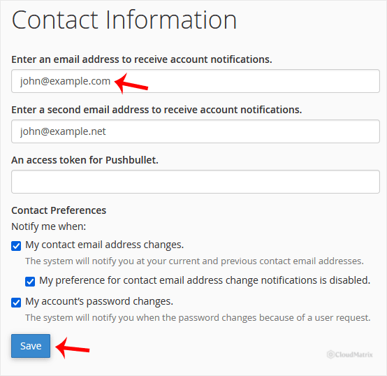 The Contact Email Address fields and Save button on the cPanel Contact Information page