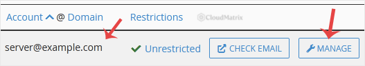 An email account listed on the Email Accounts page with the Manage option on the right of its row