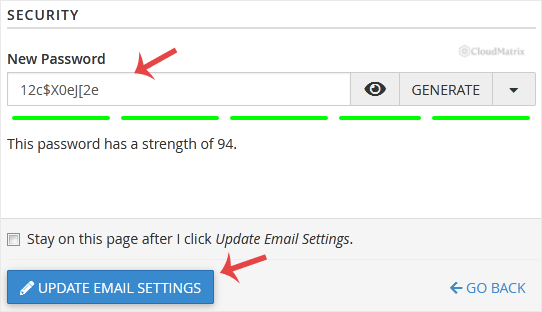 The New Password field and password strength meter under the Security heading on the Manage email account screen in cPanel