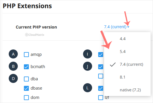 The Current PHP version drop-down menu open in the CloudLinux PHP Selector, showing the available PHP versions