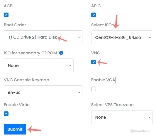 Virtualizor VPS Configuration page showing the ISO selected from the drop-down list and VNC enabled