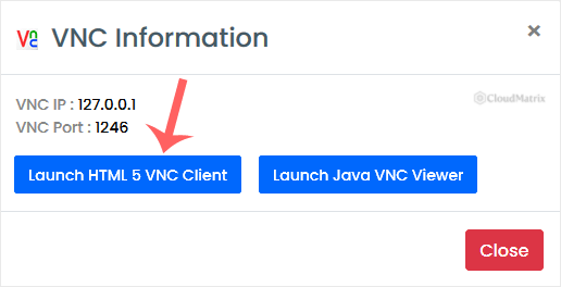 Virtualizor VNC dialog showing the Launch HTML 5 VNC Client option