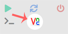 Virtualizor VPS management page with the VNC icon highlighted in the top right toolbar