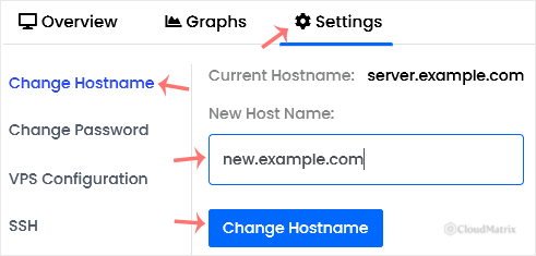 The Virtualizor Change Hostname form with a new fully qualified hostname entered and the Change Hostname button below it