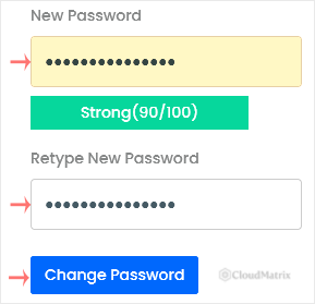 The Virtualizor Change Password form with the new root password entered and the Change Password button below it