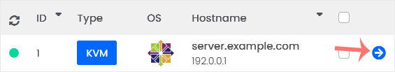 Virtualizor List VPS page with a server row highlighted and the Manage icon indicated