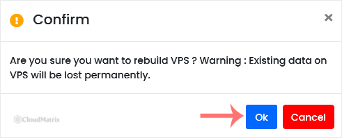 The Virtualizor confirmation dialogue warning that reinstalling the OS will destroy all data on the VPS