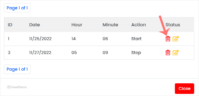 The Virtualizor self-shutdown timer list with a timer row highlighted and the Delete button ready to be clicked
