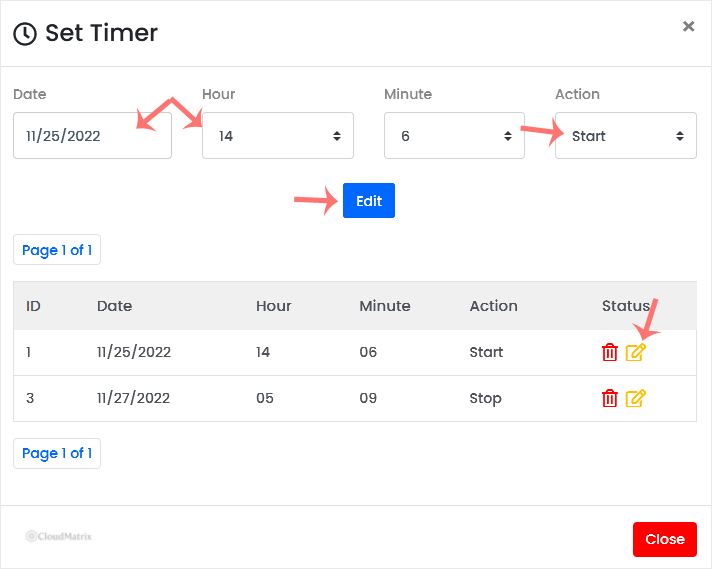 The Virtualizor self-shutdown timer list with a timer row highlighted and the Edit option showing