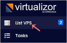 Virtualizor end-user panel left-hand menu with the List VPS option highlighted