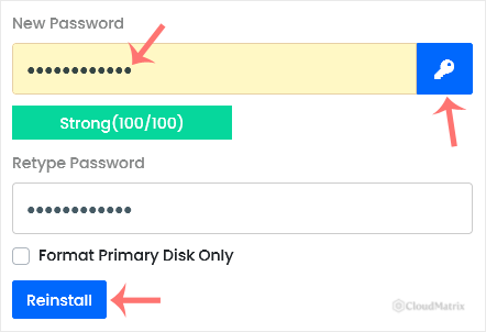 The Virtualizor reinstall form showing the root password field and the key icon that generates a random password