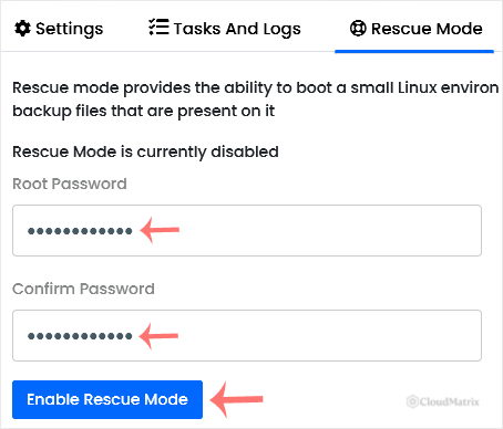 The Virtualizor Rescue Mode screen with a password field and the Enable Rescue Mode button