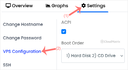 Virtualizor VPS management page with the Settings tab open and VPS Configuration selected
