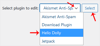 Select plugin to edit drop-down menu in the WordPress Plugin File Editor, with the Select button beside it