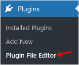 WordPress admin Plugins menu expanded, showing the Plugin File Editor item