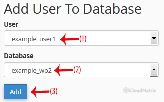 The Add User to Database section with a user and database selected and the Add button highlighted