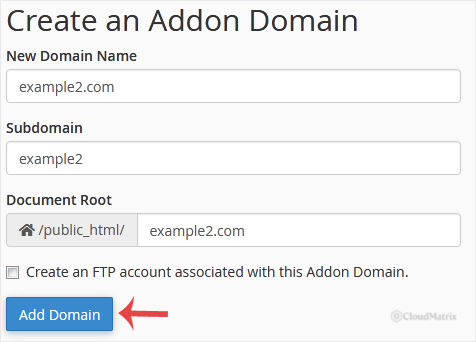 cPanel form for creating a new domain, showing the domain name and document root fields