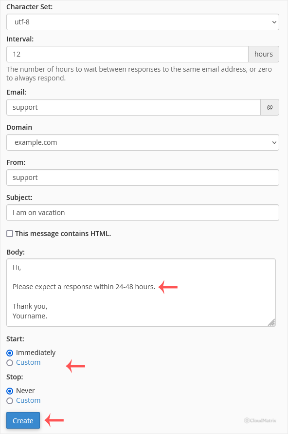 cPanel Add Autoresponder form showing interval, email, domain, from, subject and body fields