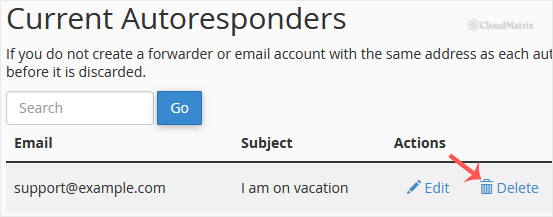 Delete link next to an autoresponder in the cPanel Current Autoresponders list