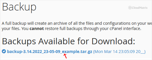 The list of completed full backups available for download in the cPanel Backup interface