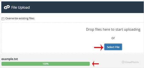 The cPanel File Manager upload page with the Select File button and drag-and-drop area