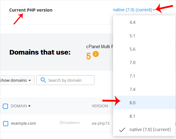 The Current PHP version drop-down menu open, listing the PHP versions available to select