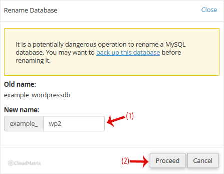 Entering a new database name and clicking Proceed in cPanel