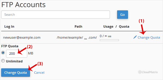 The Change Quota control next to an FTP account in cPanel