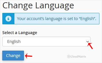 The cPanel Change Language screen with the language drop-down menu and the Change button
