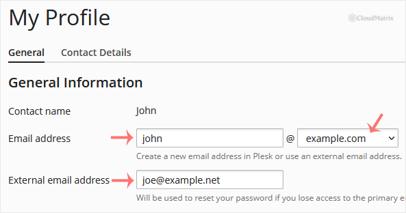 Plesk My Profile form with the Email address and External email address fields