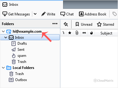 The Thunderbird Folders pane with an email account expanded to show the Inbox, Drafts, Sent, Spam and Trash folders