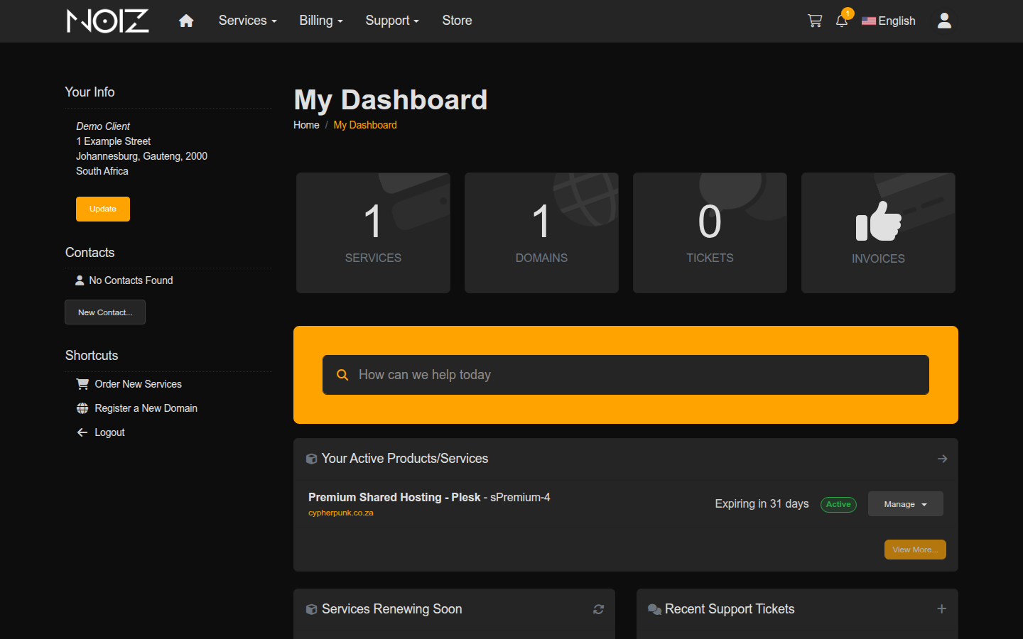 The Noiz Console dashboard, summarising services, domains, tickets and invoices