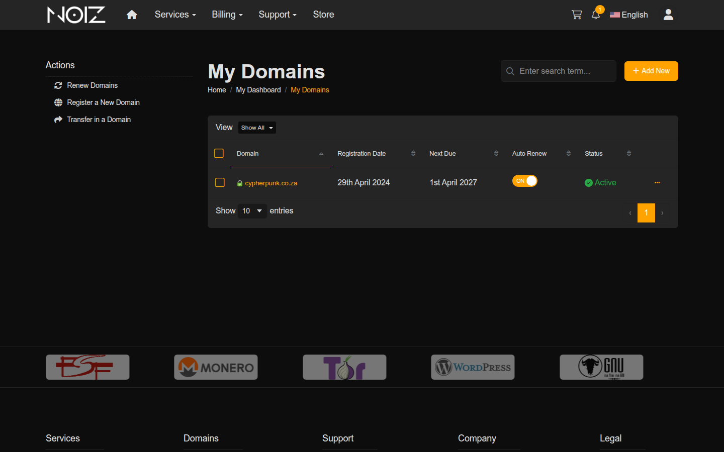 The My Domains page in the Noiz Console, listing registered domains and their status