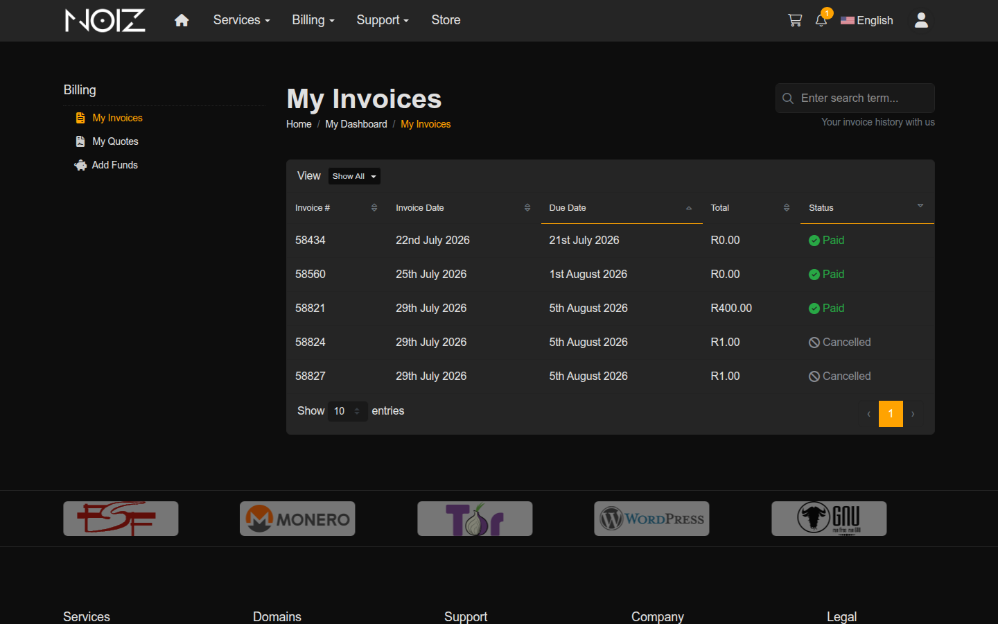 The My Invoices page in the Noiz Console, listing invoices with their date, due date, total and status